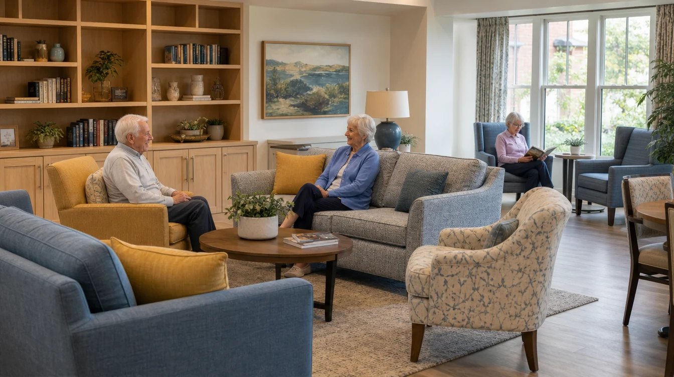 Resident lounge with sofas and individual conversation seating