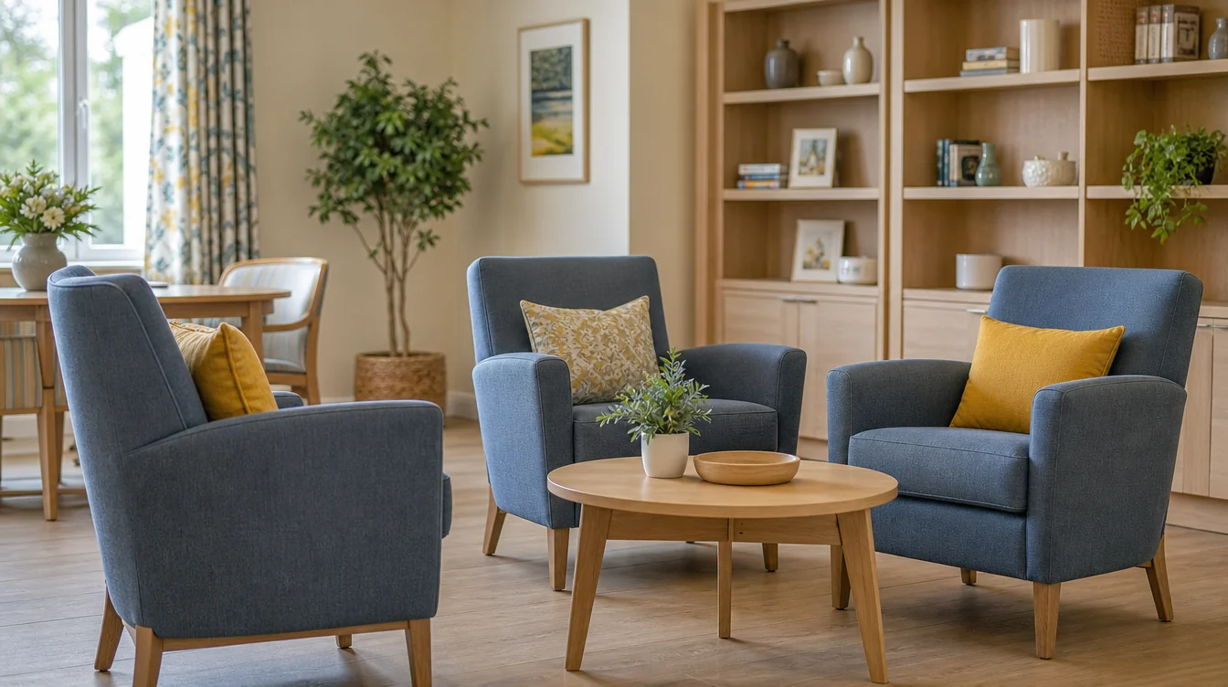 Individual upholstered lounge chairs in a shared resident room