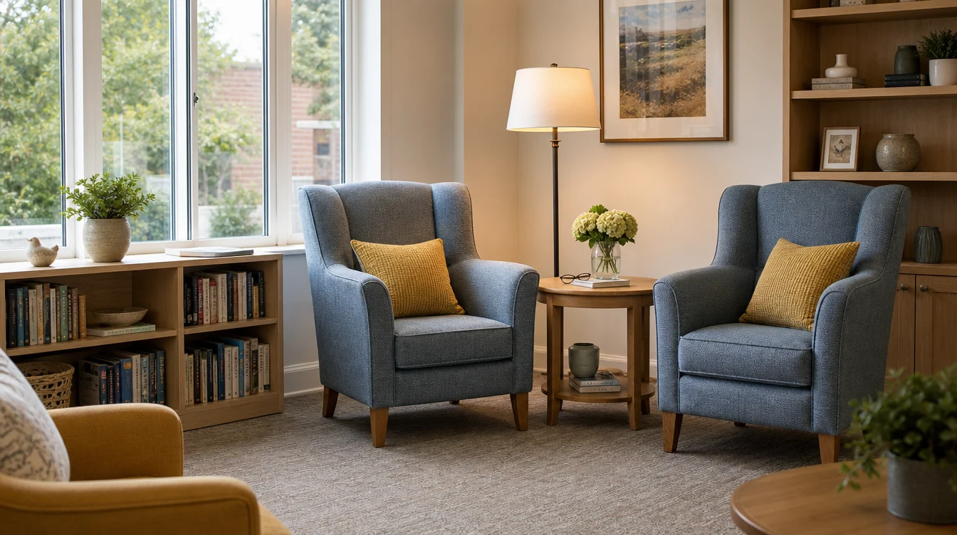 Quiet resident reading corner with lounge seating and side tables
