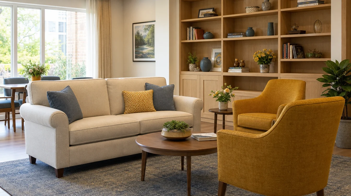 Sofa and separate lounge chairs arranged for family visits
