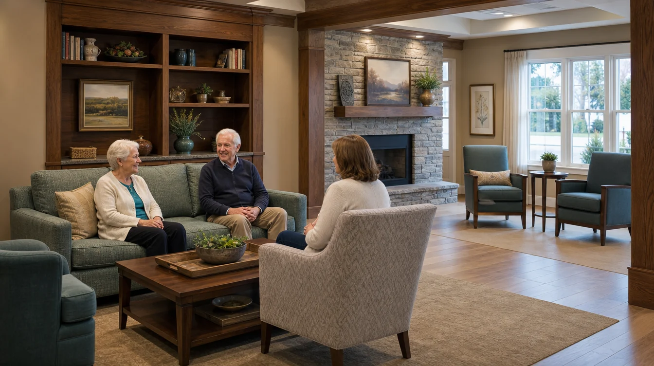 Resident lounge with sofas and individual conversation seating