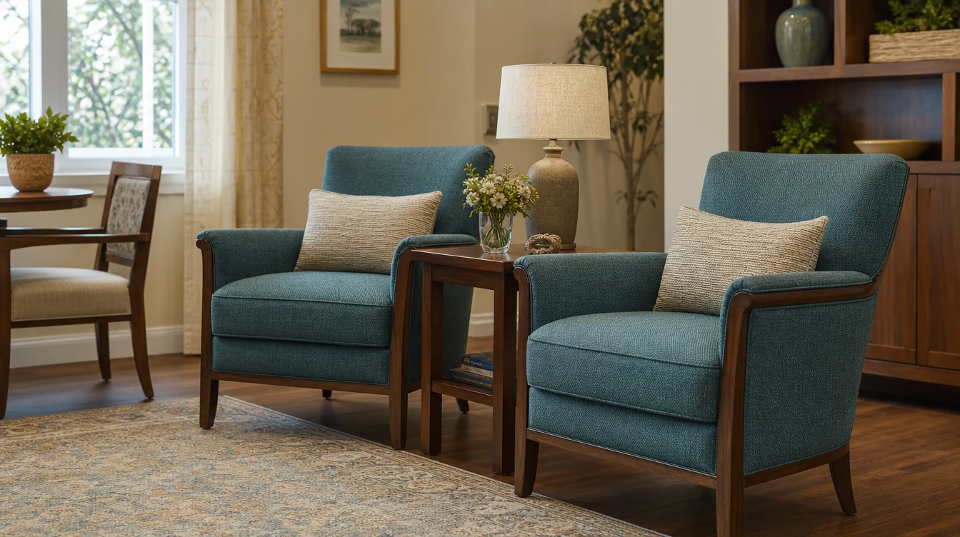 Individual upholstered lounge chairs in a shared resident room
