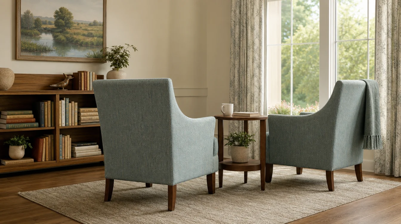 Quiet resident reading corner with lounge seating and side tables
