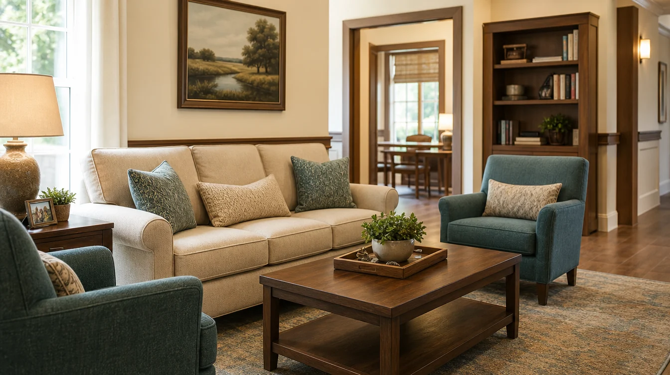 Sofa and separate lounge chairs arranged for family visits