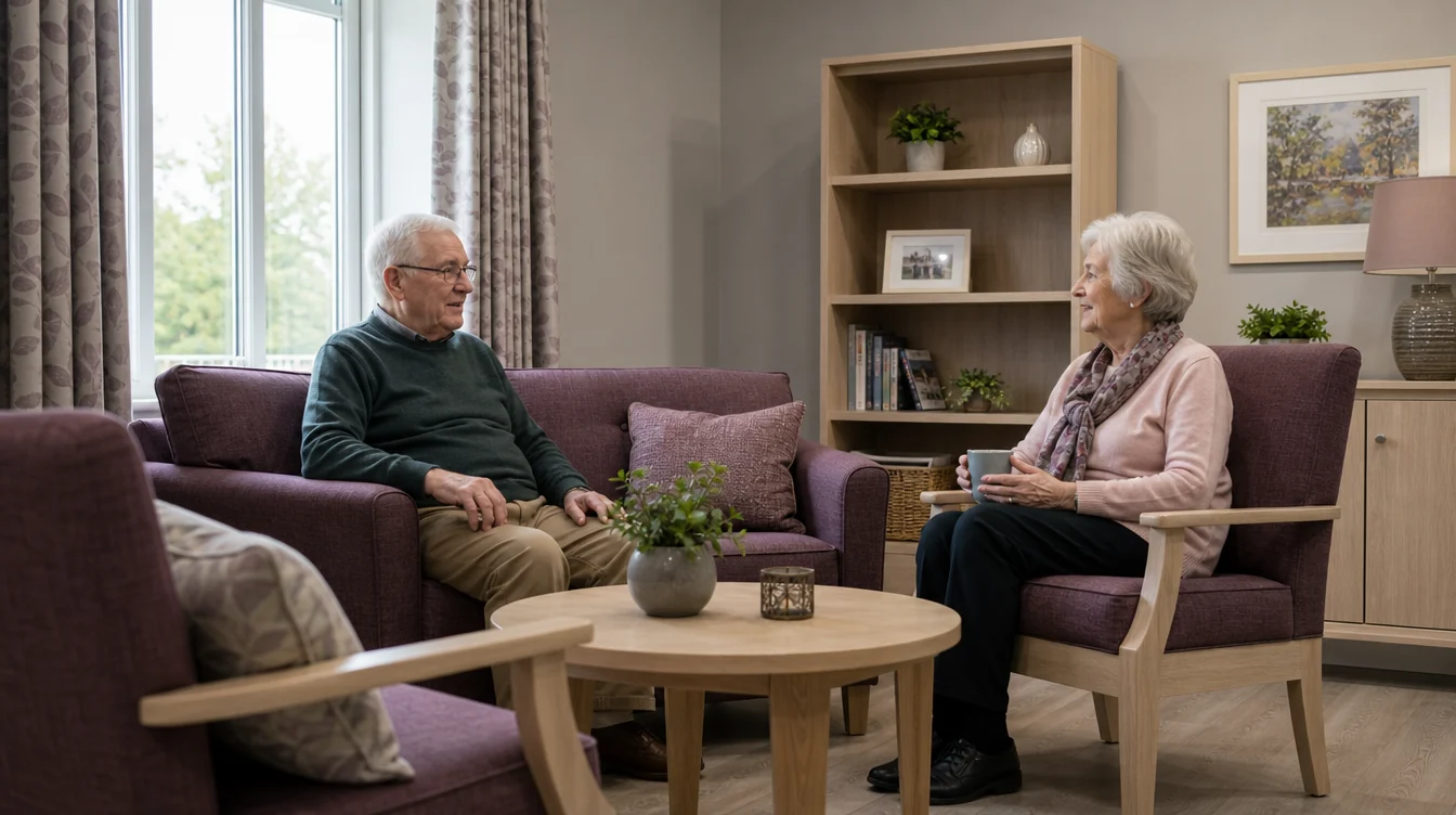 Resident lounge with sofas and individual conversation seating