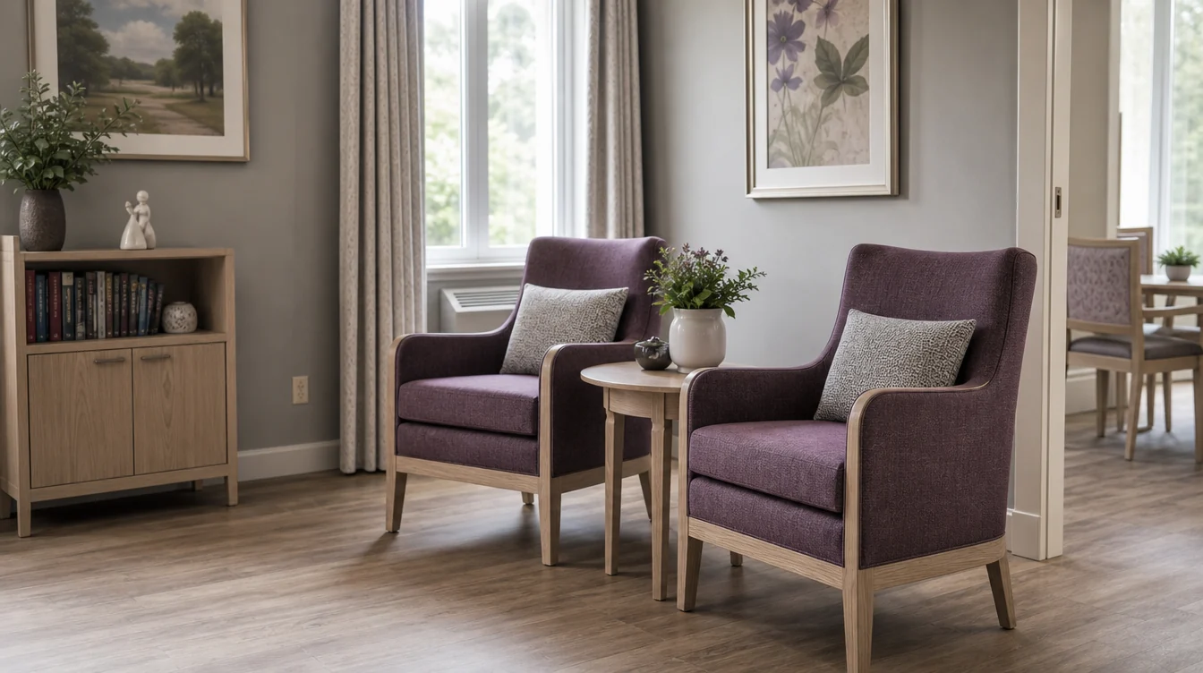 Individual upholstered lounge chairs in a shared resident room