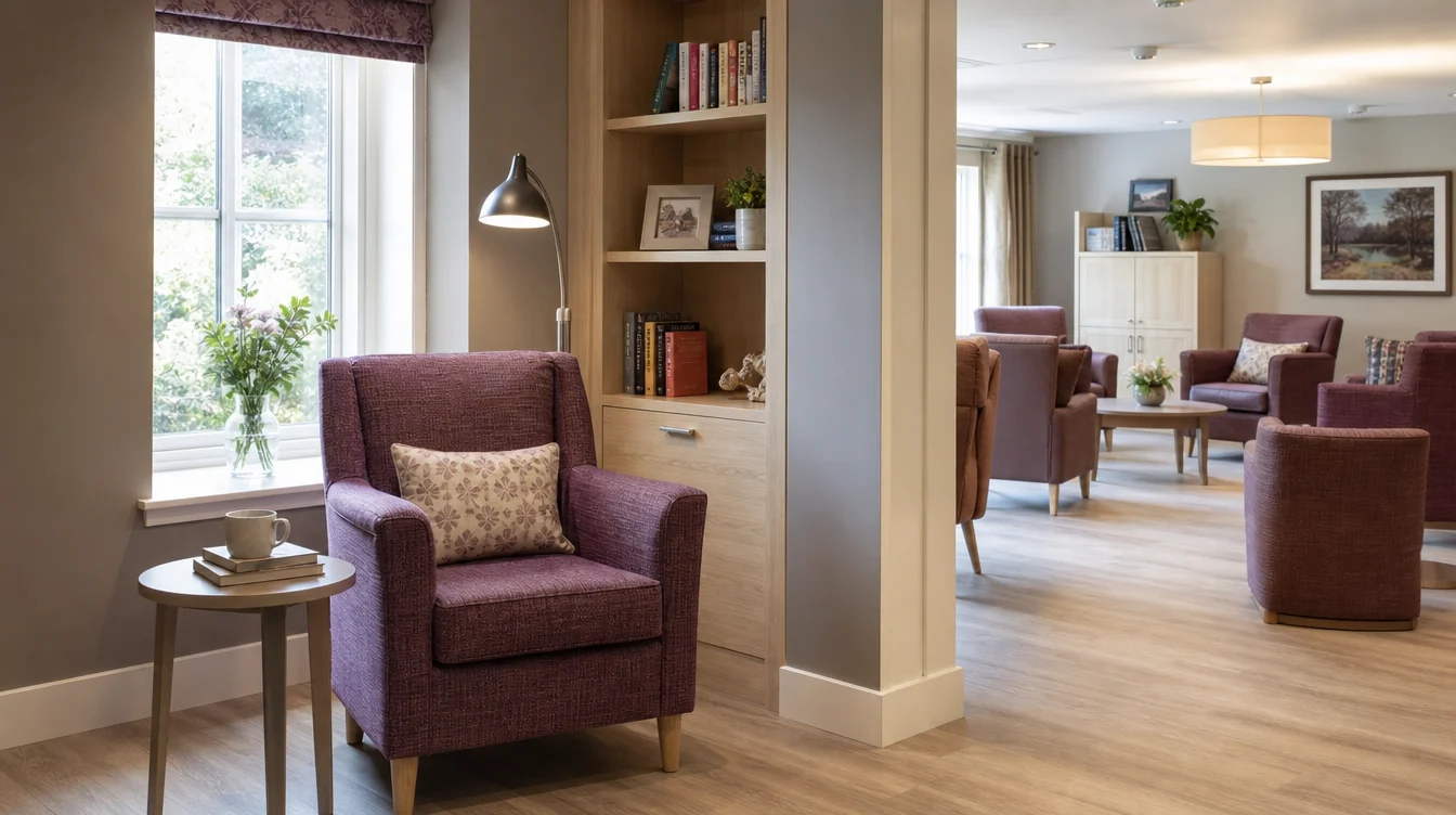 Quiet resident reading corner with lounge seating and side tables