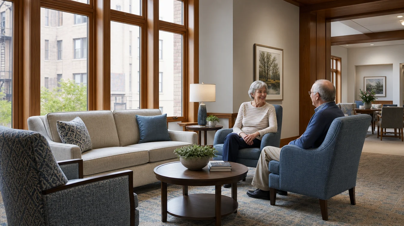 Resident lounge with individual chairs, sofas and small conversation groups