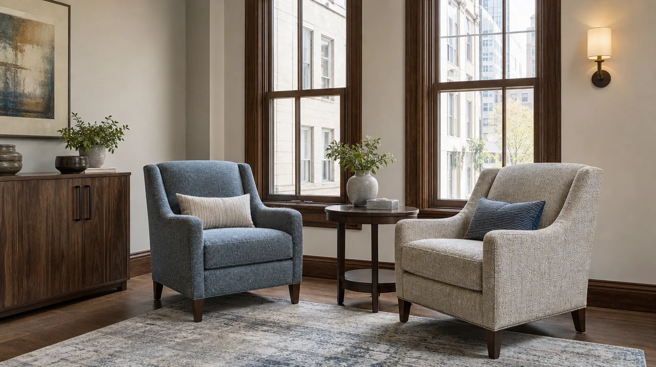 Individual upholstered lounge chairs arranged in a shared room