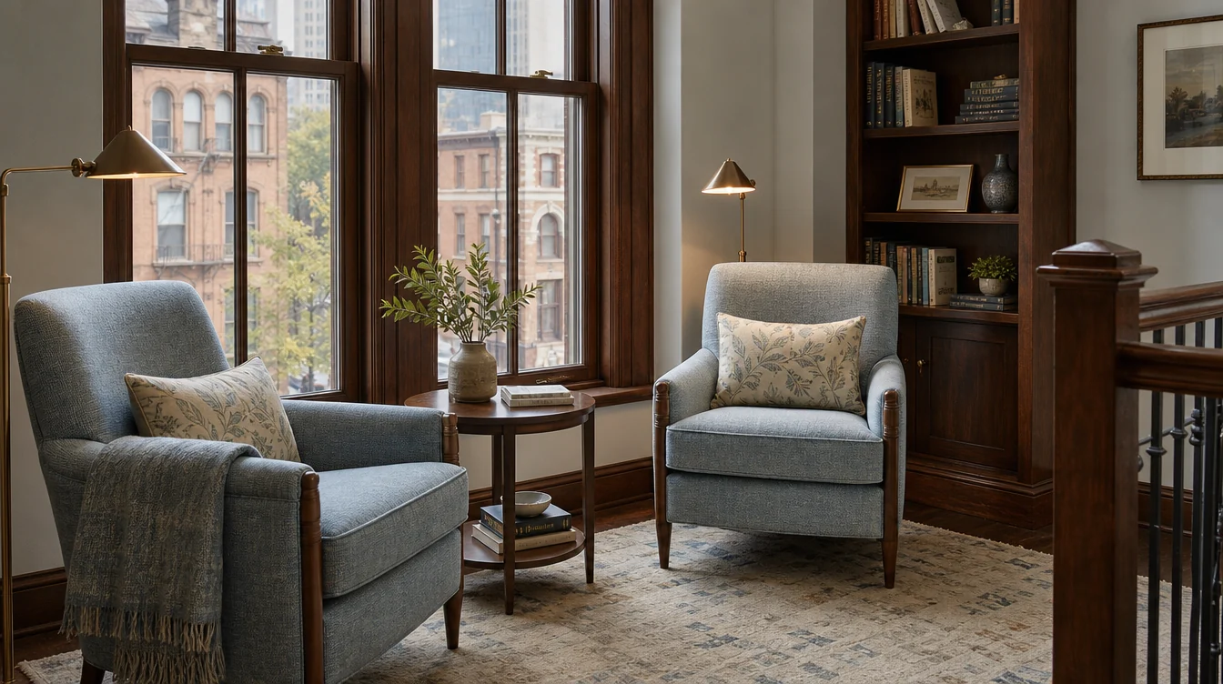 Quiet reading corner with upholstered lounge seating and side tables