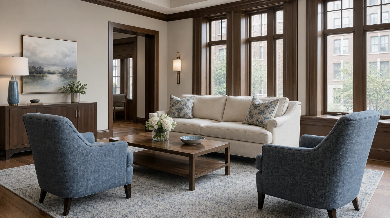 Sofa and separate lounge chairs grouped for family visits
