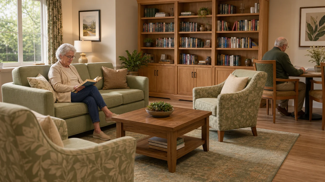 Resident lounge with sofas and individual conversation seating