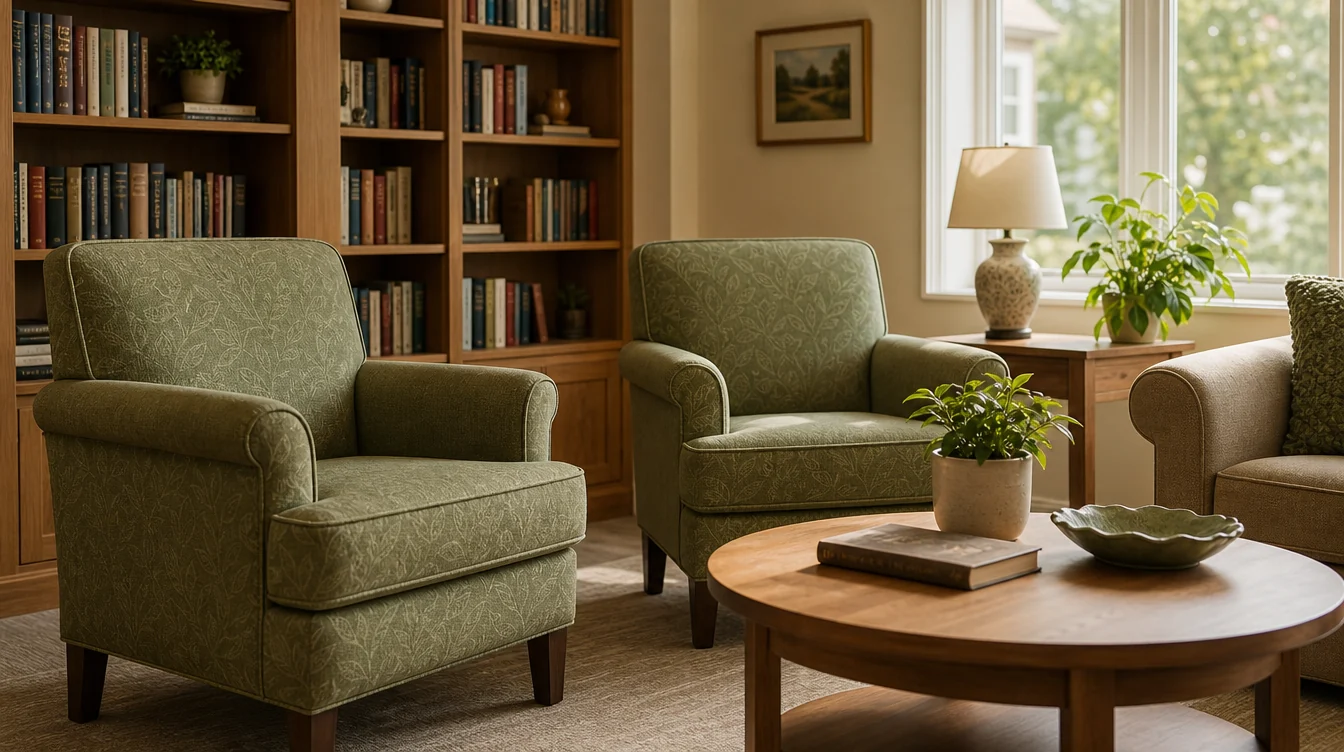 Individual upholstered lounge chairs in a shared resident room