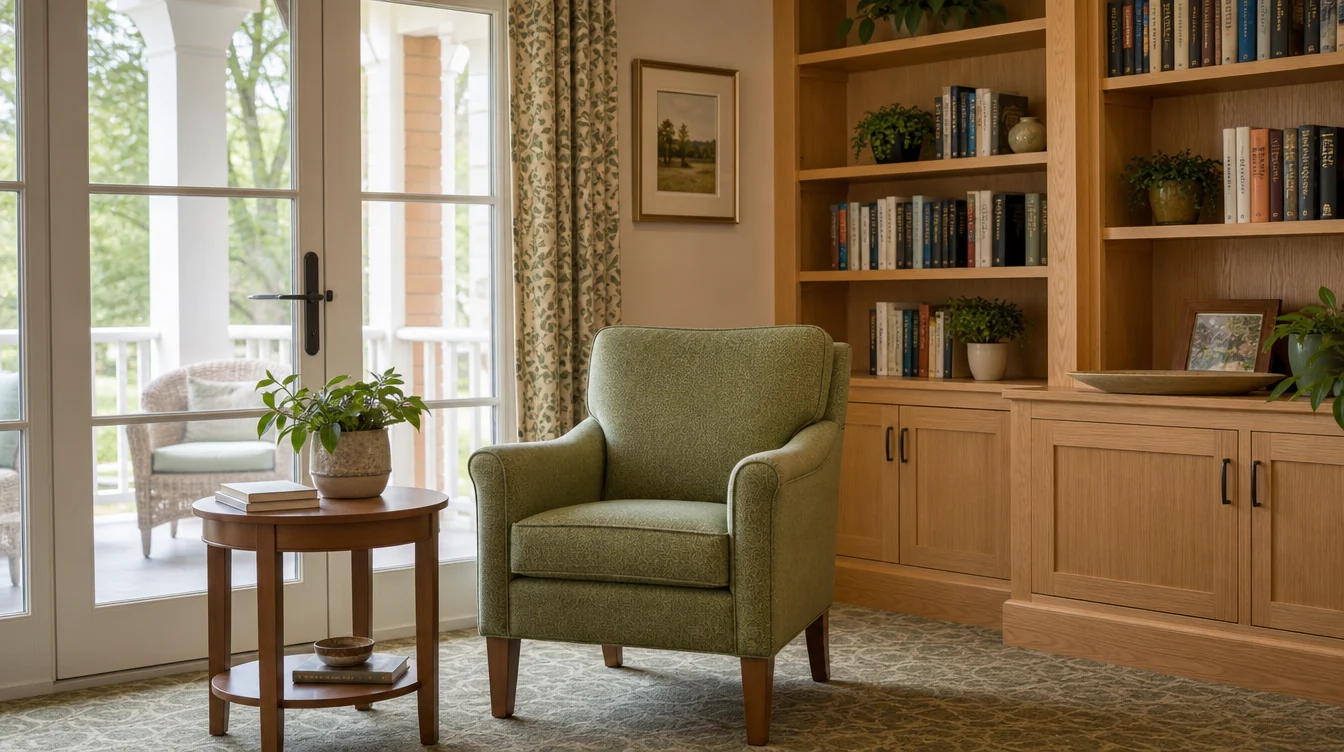 Quiet resident reading corner with lounge seating and side tables