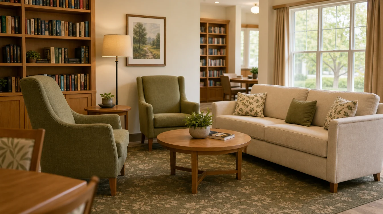 Sofa and separate lounge chairs arranged for family visits