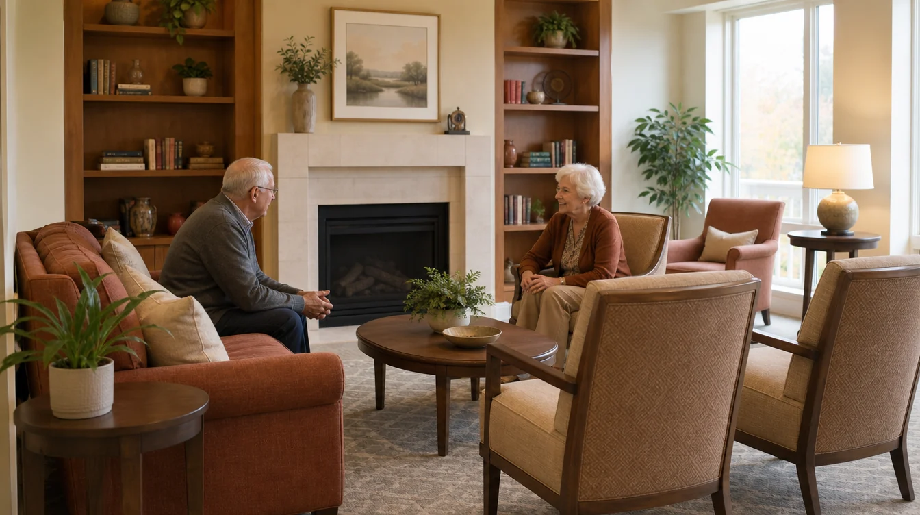 Resident lounge with sofas and individual conversation seating