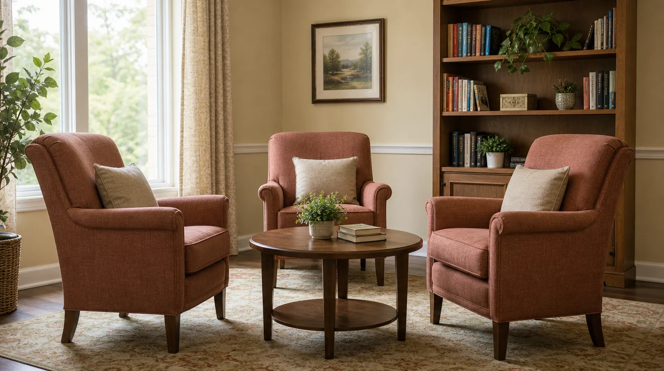 Individual upholstered lounge chairs in a shared resident room