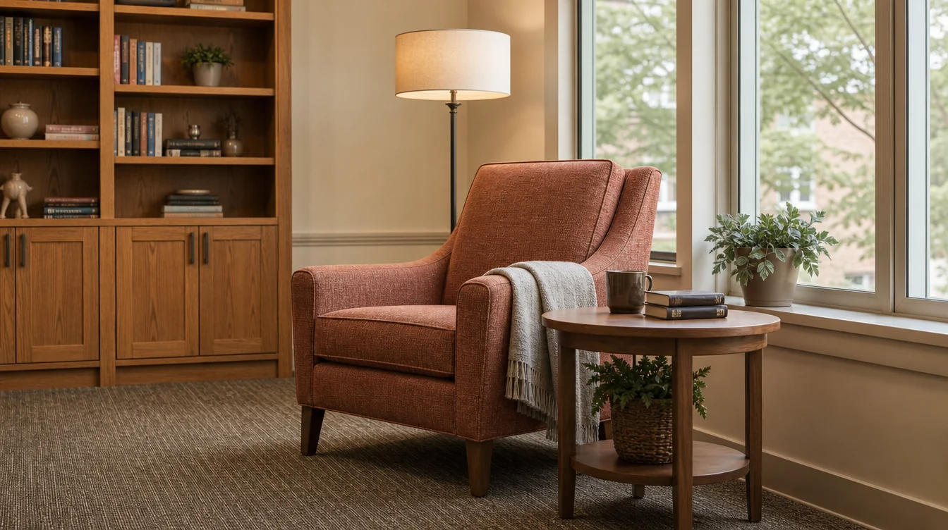 Quiet resident reading corner with lounge seating and side tables