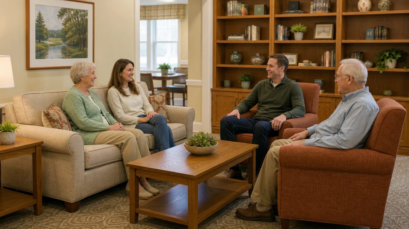 Sofa and separate lounge chairs arranged for family visits