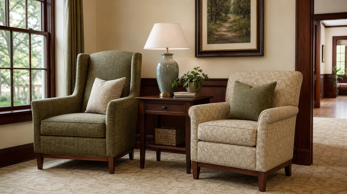 Individual upholstered lounge chairs arranged in a shared room
