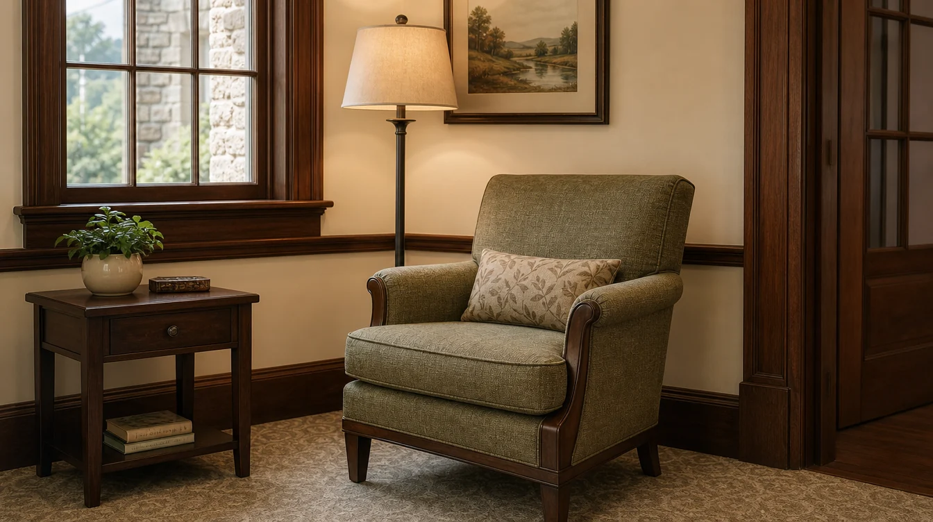 Quiet reading corner with upholstered lounge seating and side tables