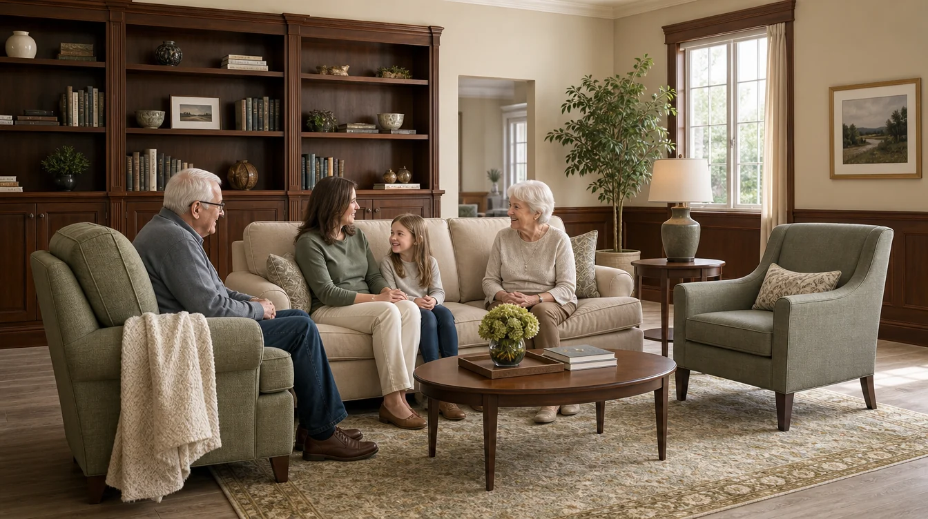Sofa and separate lounge chairs grouped for family visits