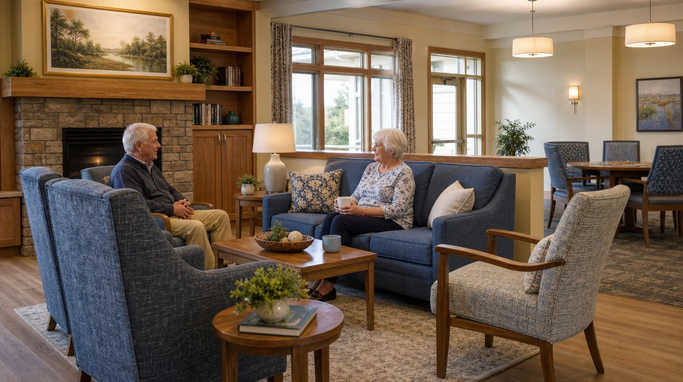 Resident lounge with sofas and individual conversation seating