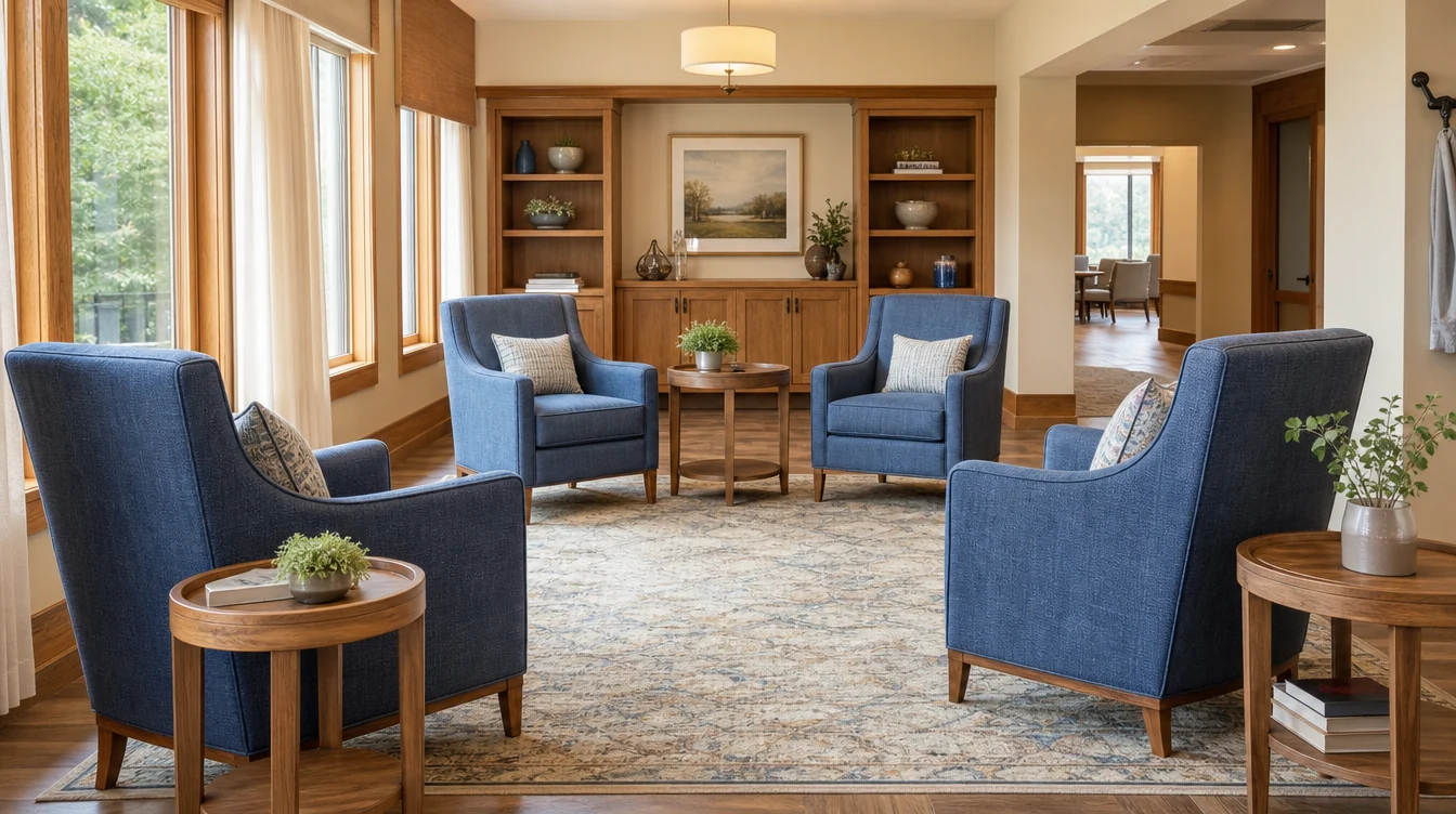 Individual upholstered lounge chairs in a shared resident room