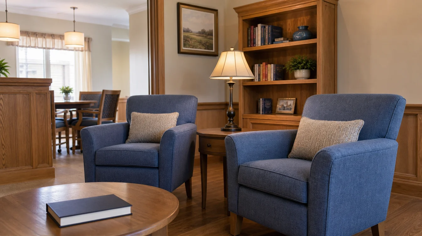 Quiet resident reading corner with lounge seating and side tables