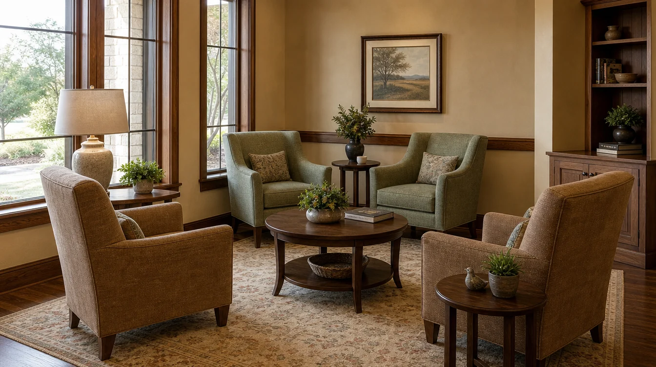 Individual upholstered lounge chairs arranged in a shared room