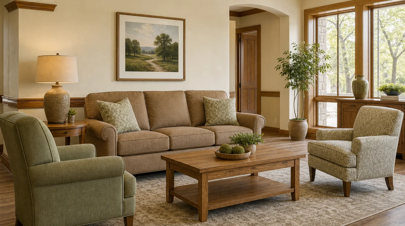 Sofa and separate lounge chairs grouped for family visits