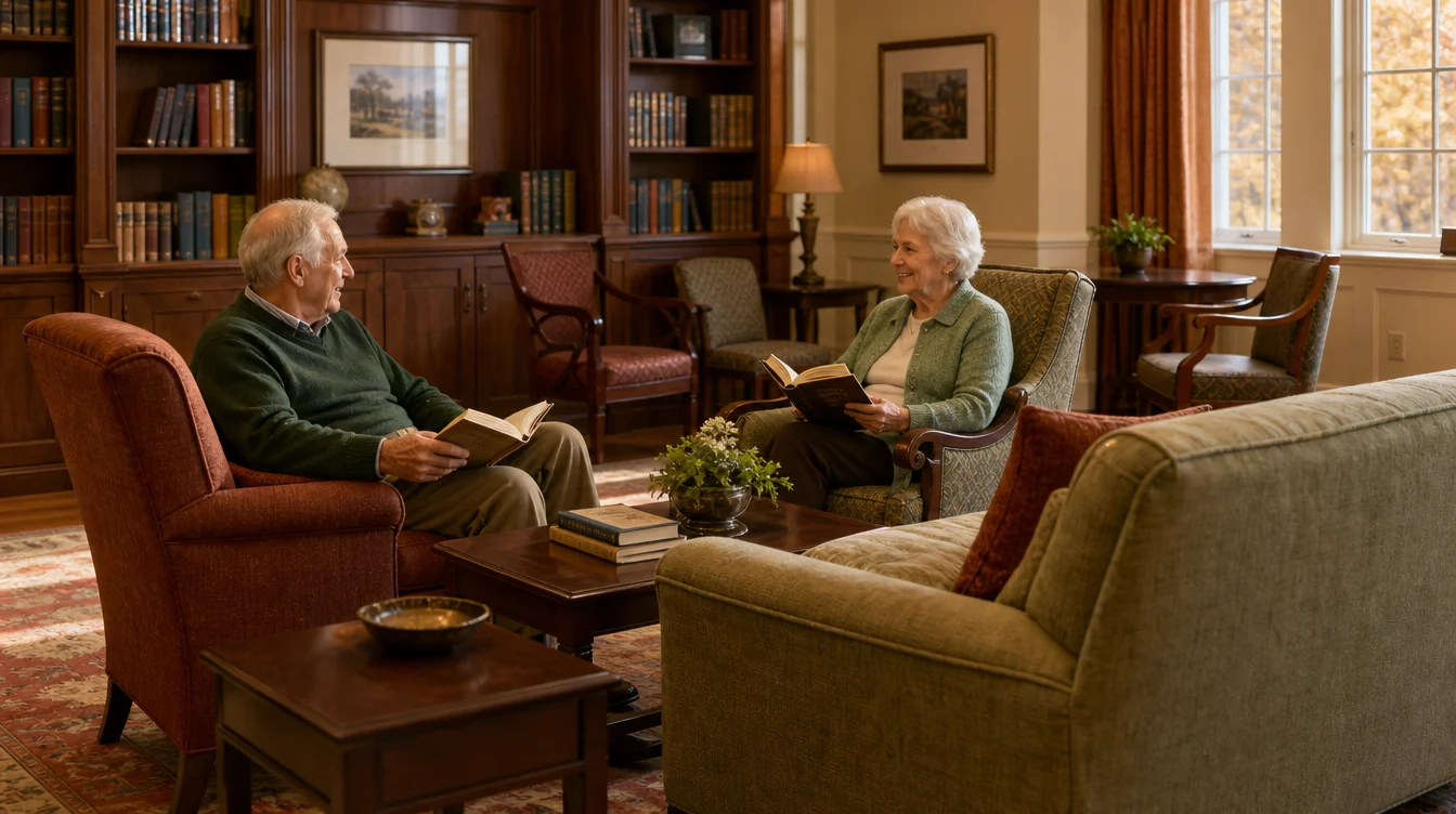 Resident lounge with sofas and individual conversation seating
