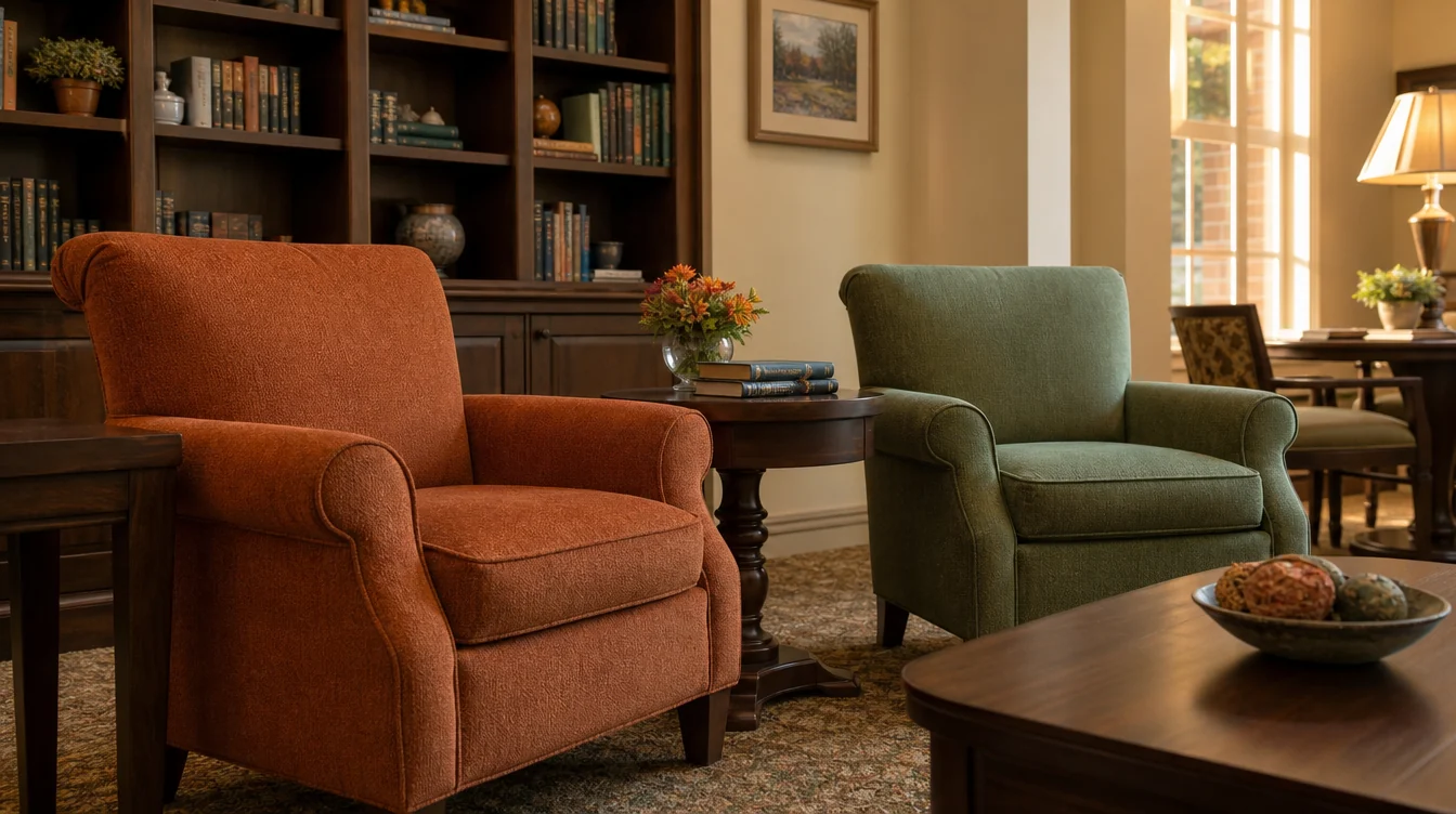 Individual upholstered lounge chairs in a shared resident room