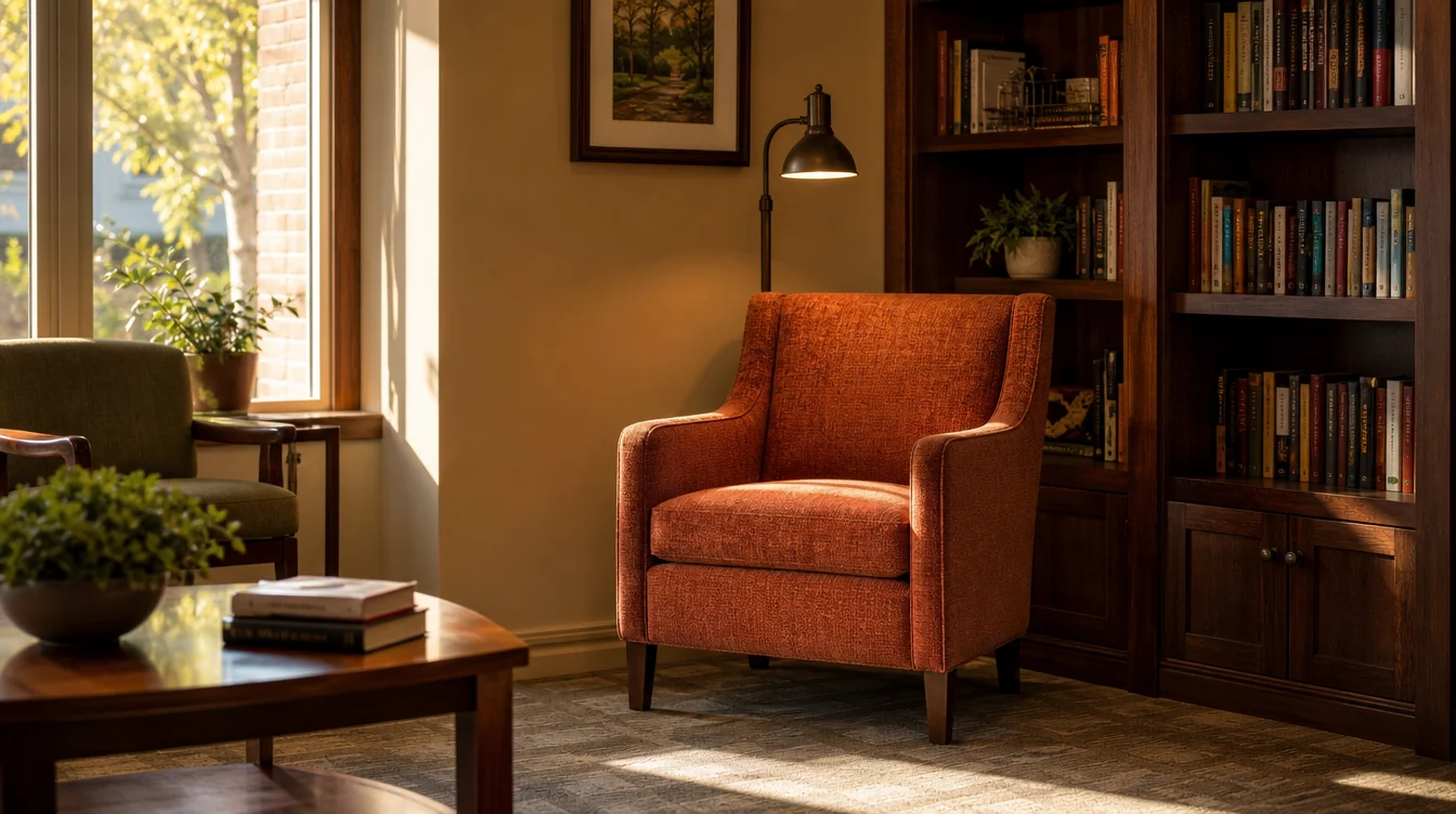 Quiet resident reading corner with lounge seating and side tables