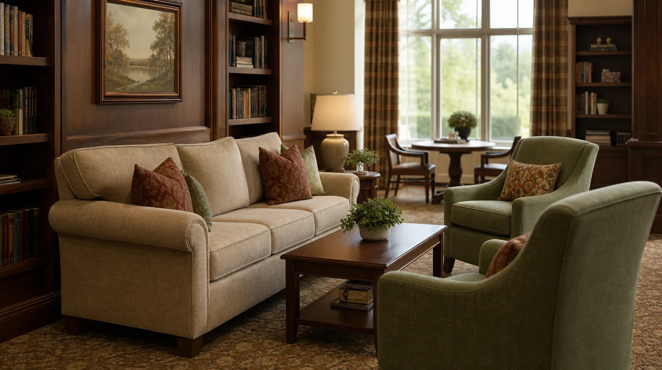 Sofa and separate lounge chairs arranged for family visits