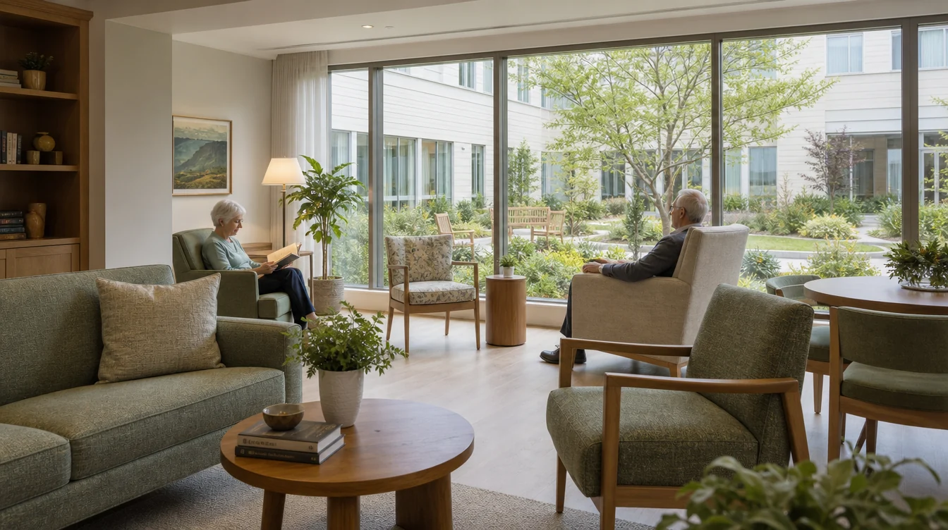 Resident lounge with sofas and individual conversation seating