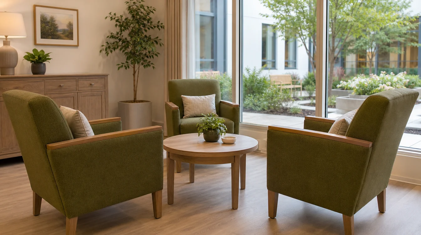 Individual upholstered lounge chairs in a shared resident room