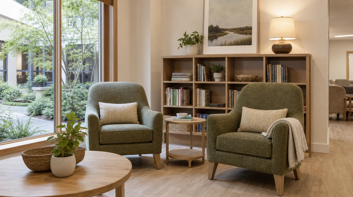 Quiet resident reading corner with lounge seating and side tables