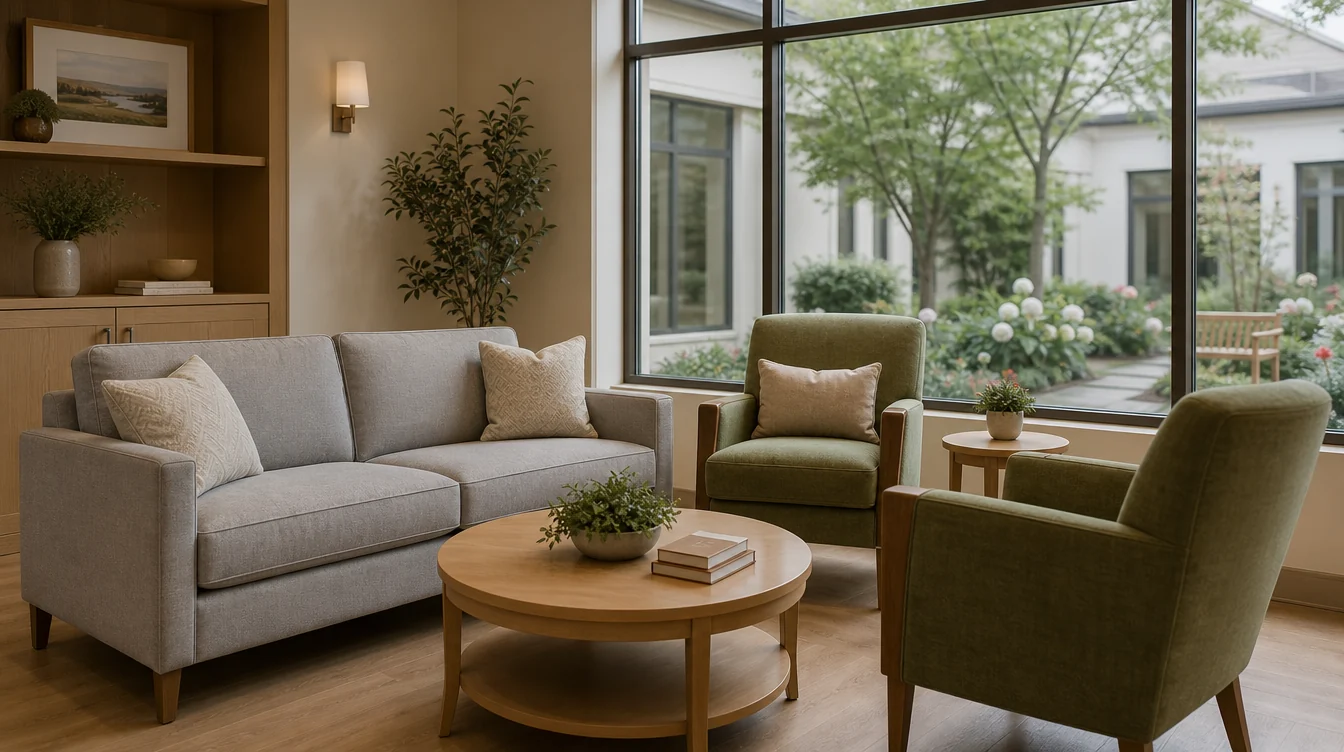 Sofa and separate lounge chairs arranged for family visits