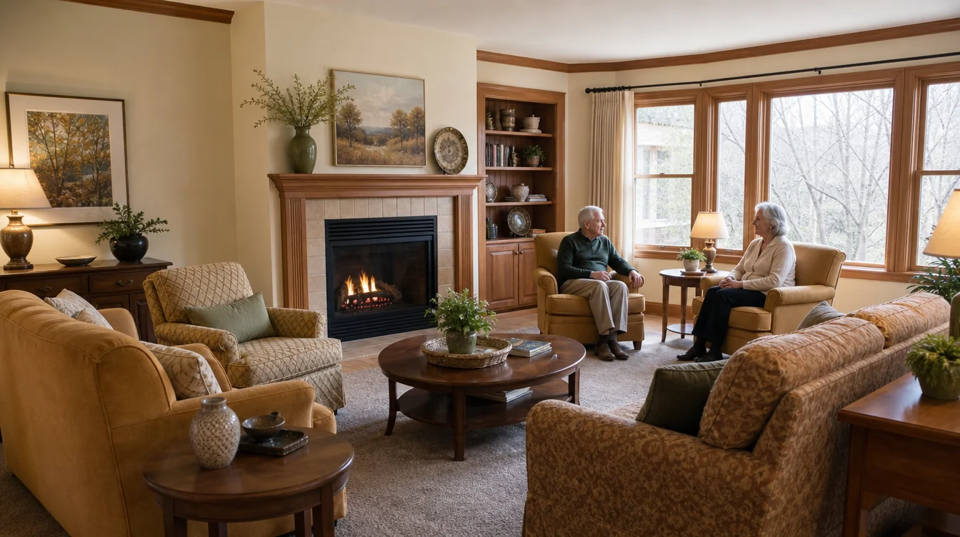 Resident lounge with sofas and individual conversation seating
