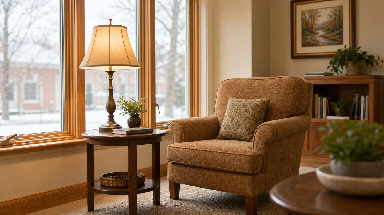 Quiet resident reading corner with lounge seating and side tables