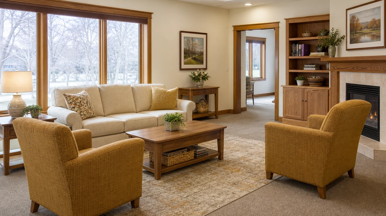 Sofa and separate lounge chairs arranged for family visits